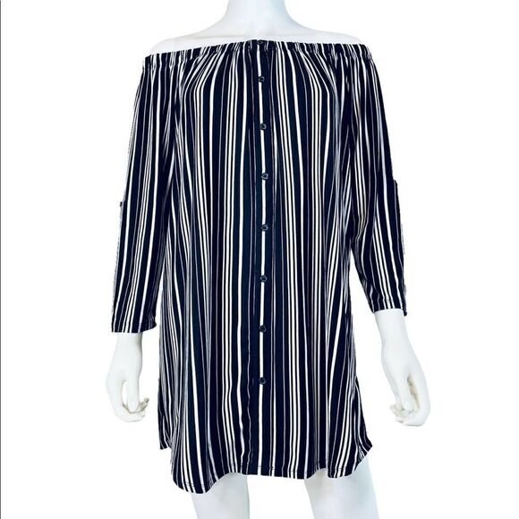 No Comment Off-the-shoulder Striped Mini Dress - Picture 1 of 8